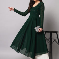 Poshak Hub Women Green Ethnic Motifs Hand Embroidery Georgette Anarkali Kurta