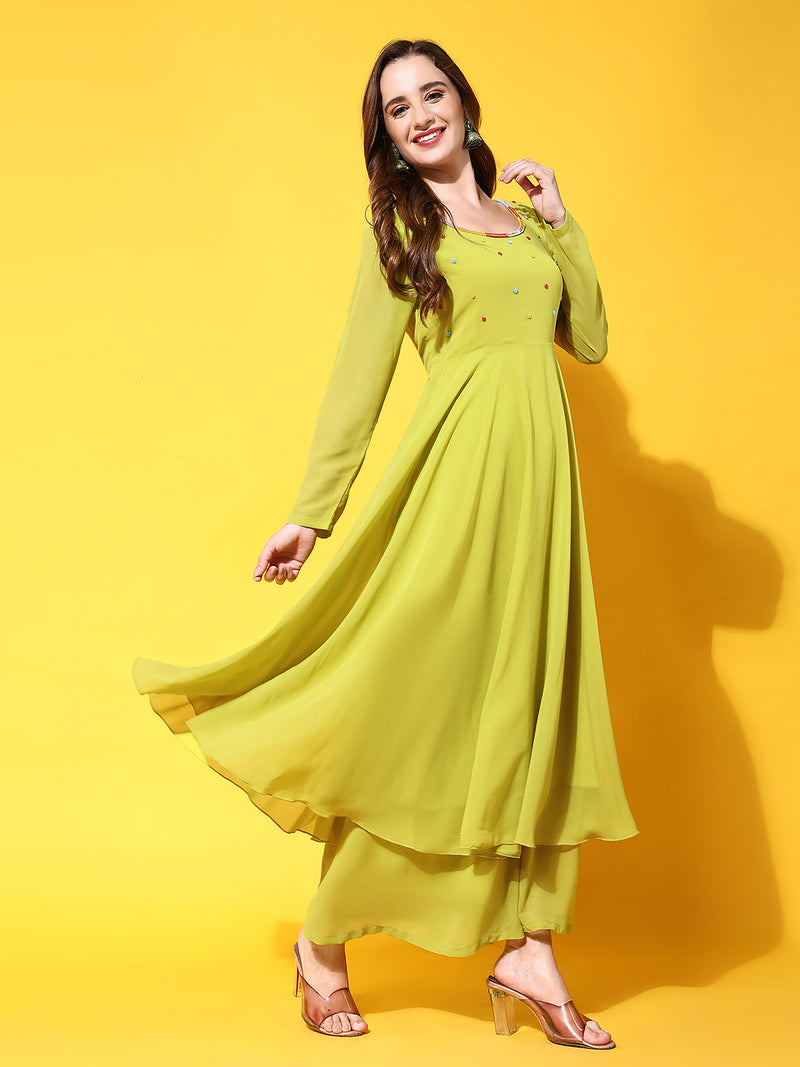 Poshak Hub Women Blue Ethnic Motifs Hand Embroidery Georgette Anarkali Kurta