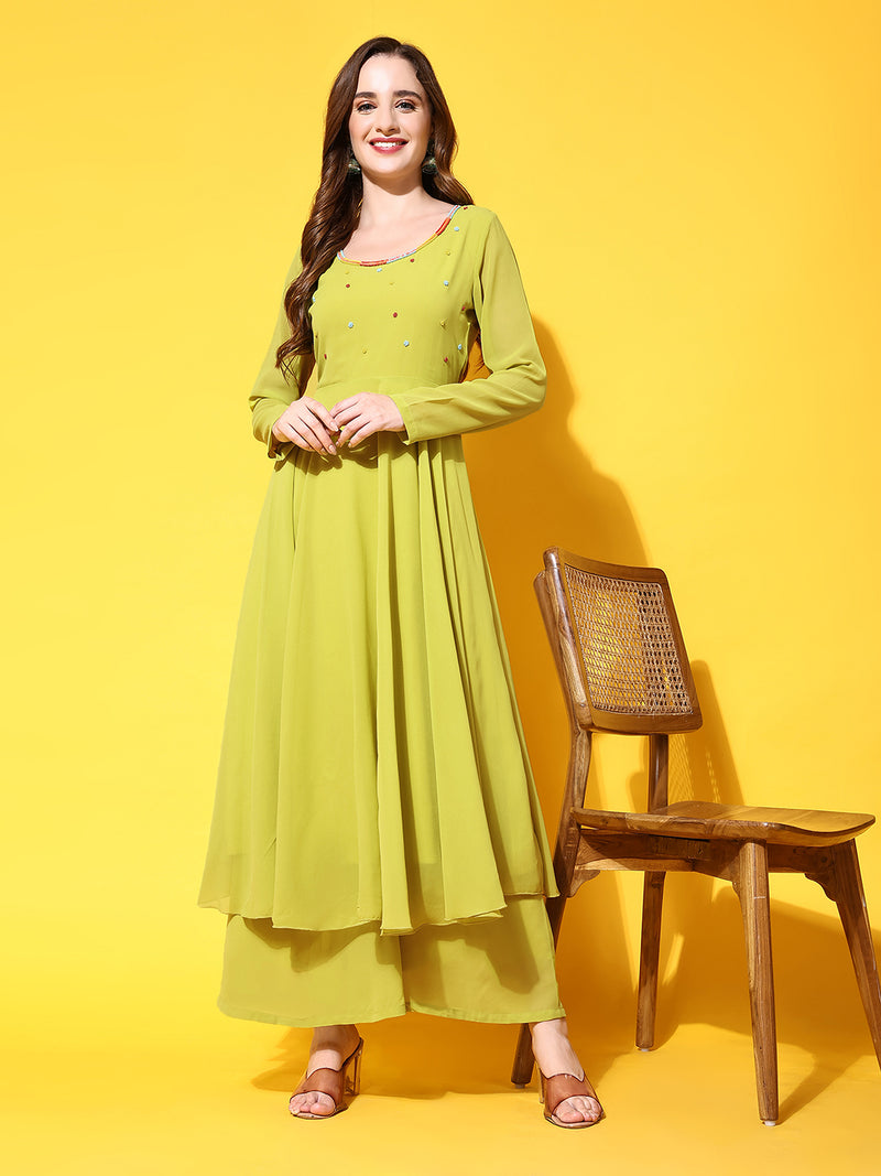 Poshak Hub Women Blue Ethnic Motifs Hand Embroidery Georgette Anarkali Kurta
