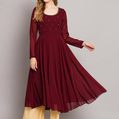 Poshak Hub Women Maroon Ethnic Motifs Hand Embroidery Georgette Anarkali Kurta