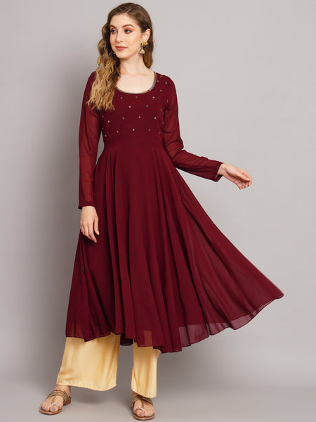 Poshak Hub Women Maroon Ethnic Motifs Hand Embroidery Georgette Anarkali Kurta