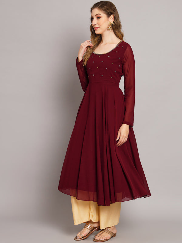 Poshak Hub Women Maroon Ethnic Motifs Hand Embroidery Georgette Anarkali Kurta