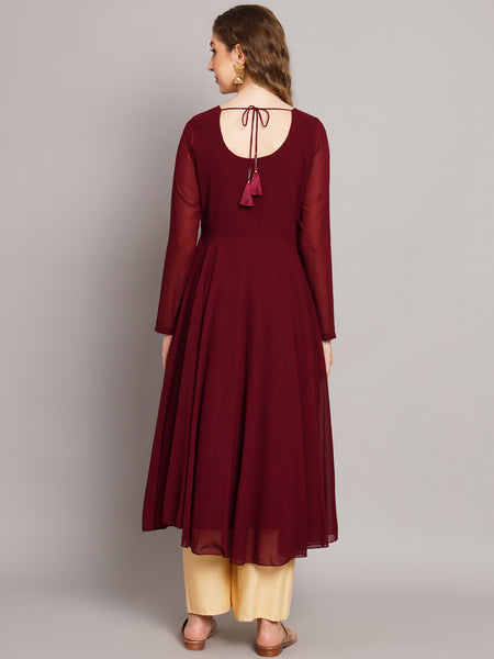 Poshak Hub Women Maroon Ethnic Motifs Hand Embroidery Georgette Anarkali Kurta