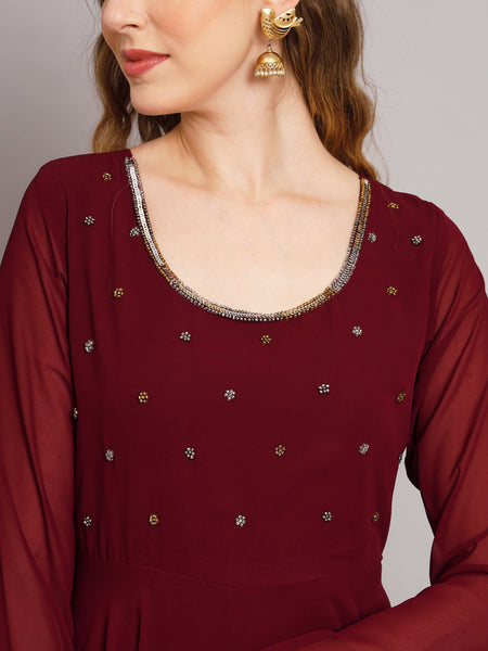 Poshak Hub Women Maroon Ethnic Motifs Hand Embroidery Georgette Anarkali Kurta