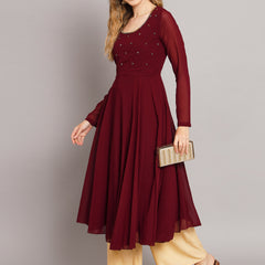 Poshak Hub Women Maroon Ethnic Motifs Hand Embroidery Georgette Anarkali Kurta