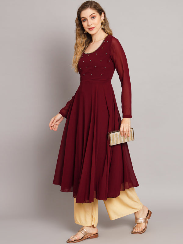 Poshak Hub Women Maroon Ethnic Motifs Hand Embroidery Georgette Anarkali Kurta