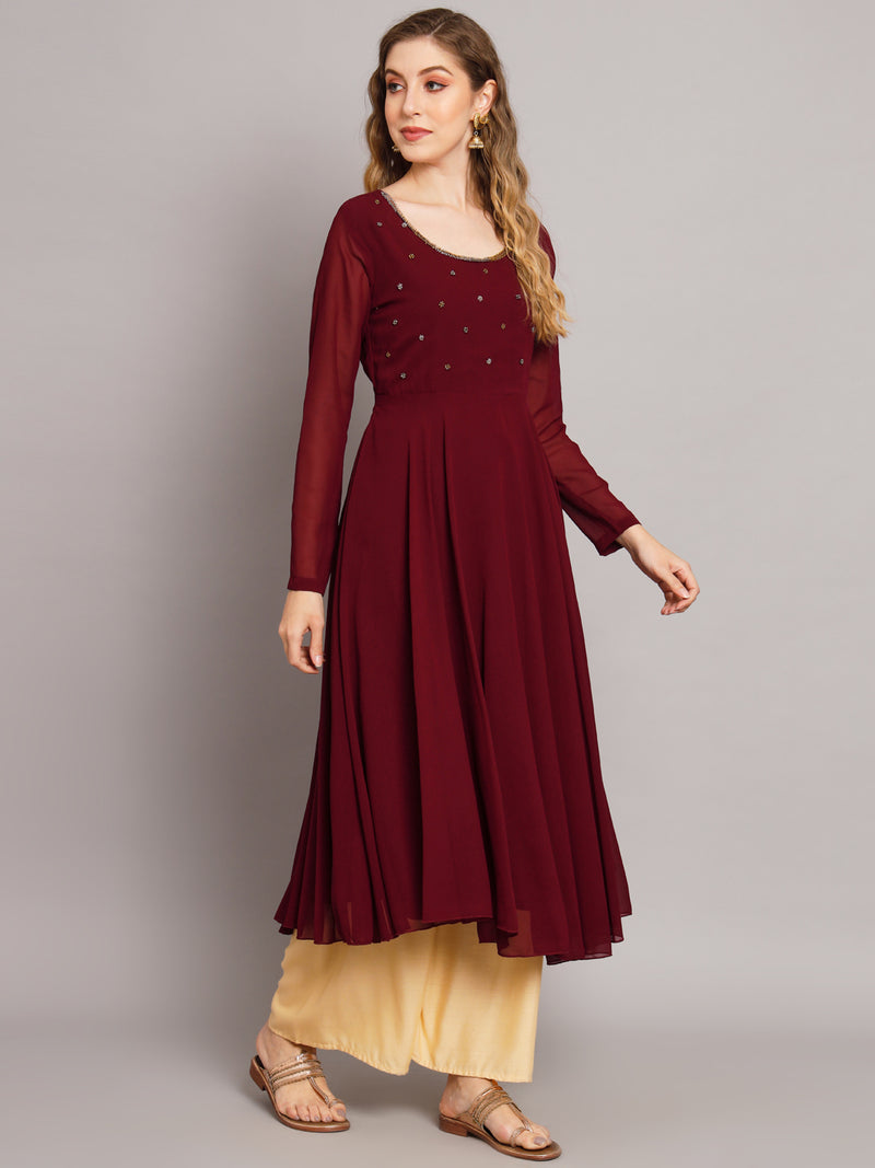 Poshak Hub Women Maroon Ethnic Motifs Hand Embroidery Georgette Anarkali Kurta