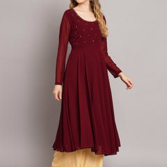 Poshak Hub Women Maroon Ethnic Motifs Hand Embroidery Georgette Anarkali Kurta