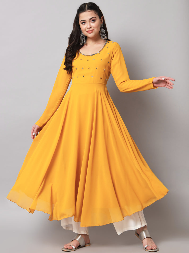 Poshak Hub Women Yellow Ethnic Motifs Hand Embroidery Georgette Anarkali Kurta