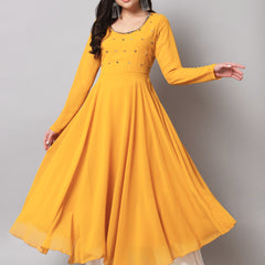 Poshak Hub Women Yellow Ethnic Motifs Hand Embroidery Georgette Anarkali Kurta