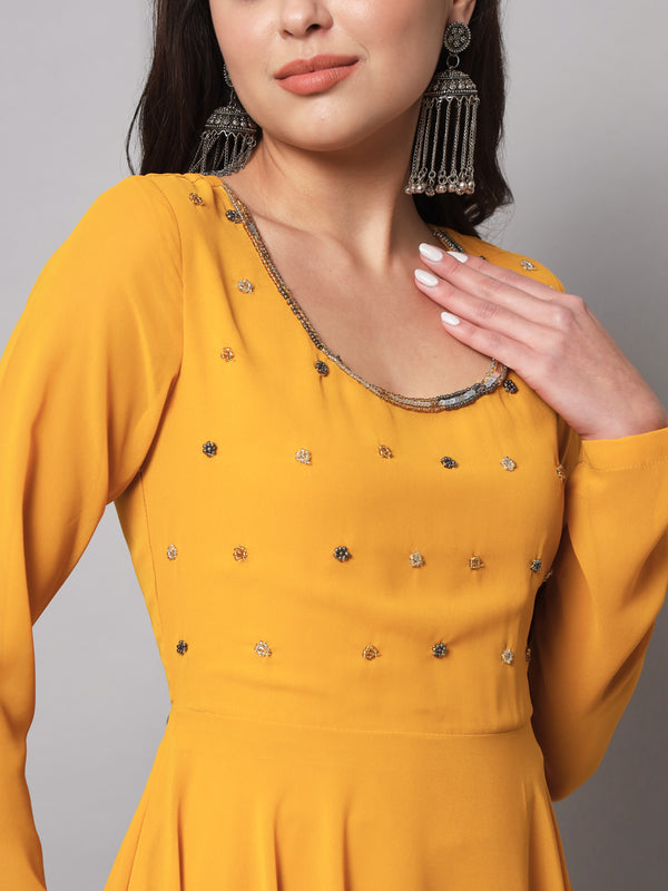 Poshak Hub Women Yellow Ethnic Motifs Hand Embroidery Georgette Anarkali Kurta