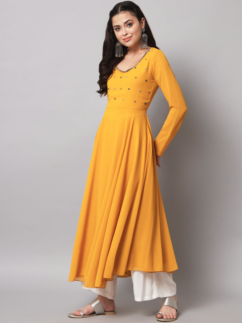 Poshak Hub Women Yellow Ethnic Motifs Hand Embroidery Georgette Anarkali Kurta