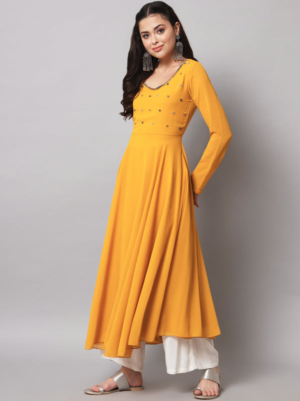 Poshak Hub Women Yellow Ethnic Motifs Hand Embroidery Georgette Anarkali Kurta