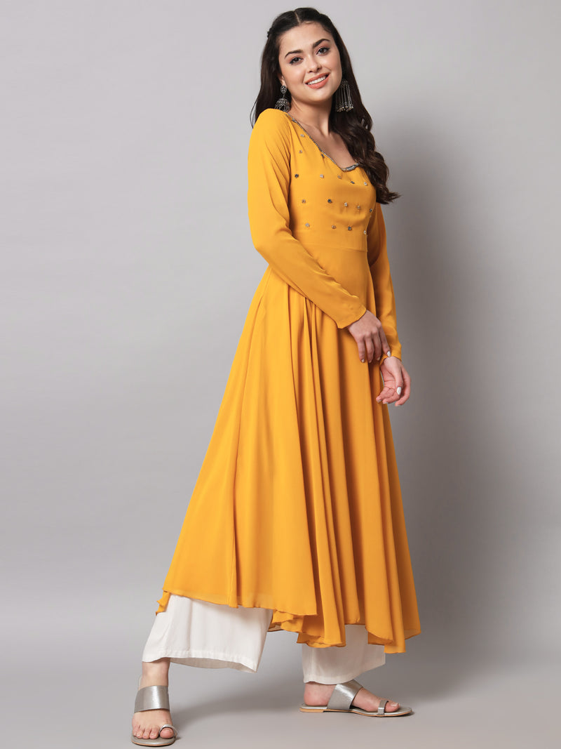 Poshak Hub Women Yellow Ethnic Motifs Hand Embroidery Georgette Anarkali Kurta