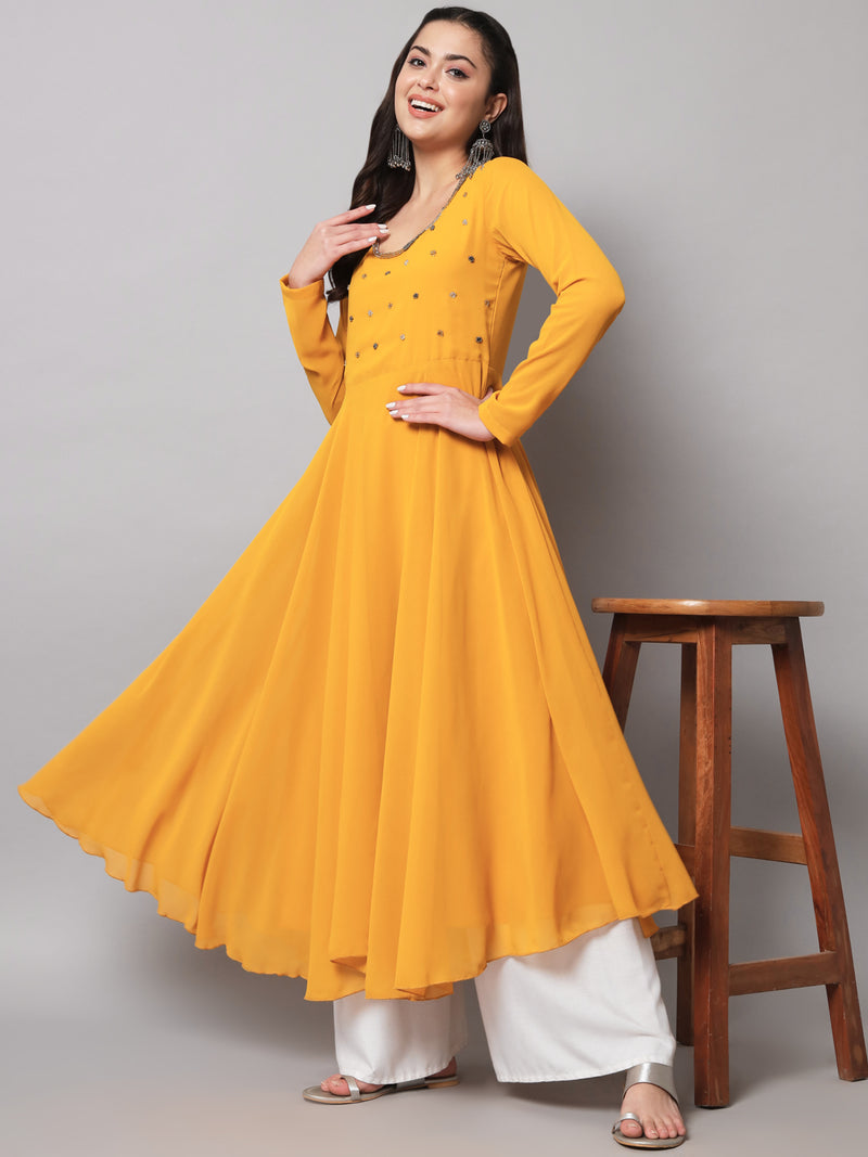 Poshak Hub Women Yellow Ethnic Motifs Hand Embroidery Georgette Anarkali Kurta