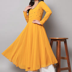 Poshak Hub Women Yellow Ethnic Motifs Hand Embroidery Georgette Anarkali Kurta