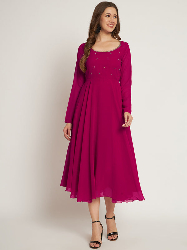 Poshak Hub Women Pink Ethnic Motifs Hand Embroidery Georgette Anarkali Kurta