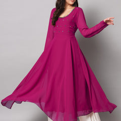 Poshak Hub Women Pink Ethnic Motifs Hand Embroidery Georgette Anarkali Kurta