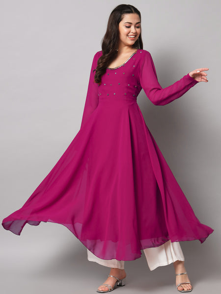 Poshak Hub Women Pink Ethnic Motifs Hand Embroidery Georgette Anarkali Kurta