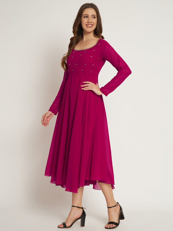 Poshak Hub Women Pink Ethnic Motifs Hand Embroidery Georgette Anarkali Kurta