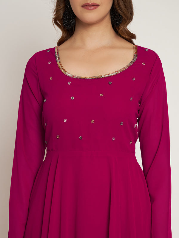Poshak Hub Women Pink Ethnic Motifs Hand Embroidery Georgette Anarkali Kurta
