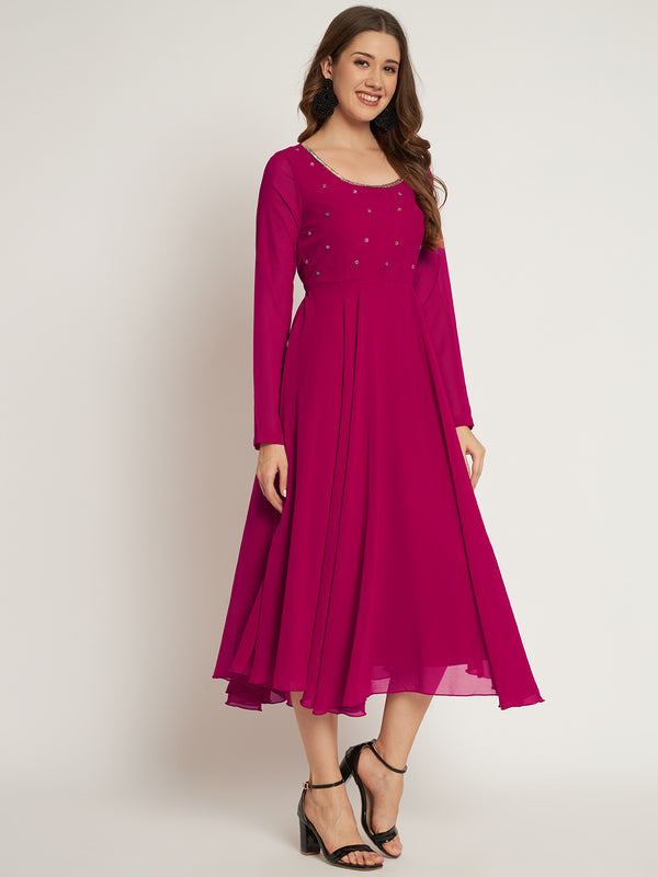 Poshak Hub Women Pink Ethnic Motifs Hand Embroidery Georgette Anarkali Kurta