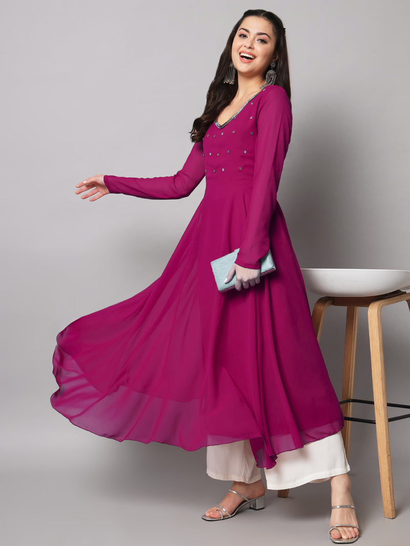 Poshak Hub Women Pink Ethnic Motifs Hand Embroidery Georgette Anarkali Kurta