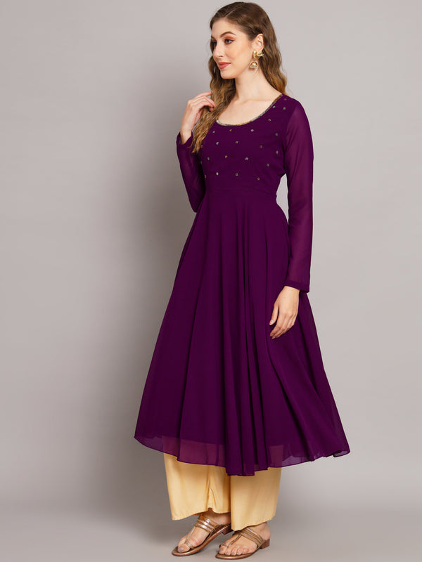Poshak Hub Women Purple Ethnic Motifs Hand Embroidery Georgette Anarkali Kurta
