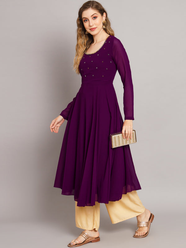 Poshak Hub Women Purple Ethnic Motifs Hand Embroidery Georgette Anarkali Kurta