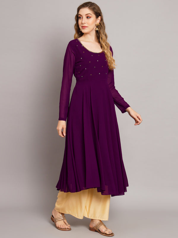 Poshak Hub Women Purple Ethnic Motifs Hand Embroidery Georgette Anarkali Kurta