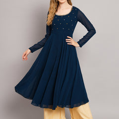 Poshak Hub Women Blue Ethnic Motifs Hand Embroidery Georgette Anarkali Kurta