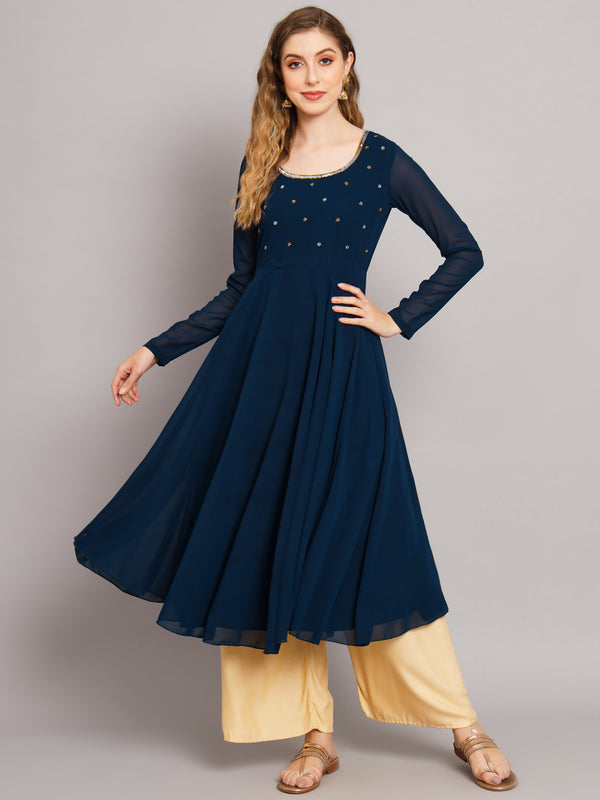 Poshak Hub Women Blue Ethnic Motifs Hand Embroidery Georgette Anarkali Kurta
