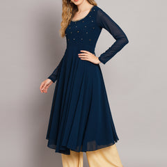 Poshak Hub Women Blue Ethnic Motifs Hand Embroidery Georgette Anarkali Kurta