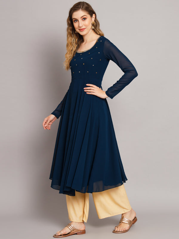 Poshak Hub Women Blue Ethnic Motifs Hand Embroidery Georgette Anarkali Kurta