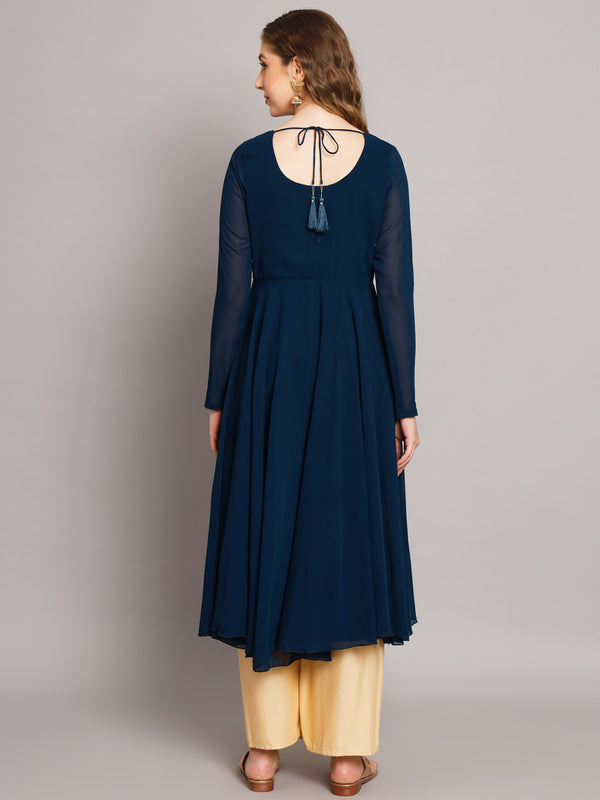 Poshak Hub Women Blue Ethnic Motifs Hand Embroidery Georgette Anarkali Kurta