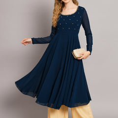 Poshak Hub Women Blue Ethnic Motifs Hand Embroidery Georgette Anarkali Kurta