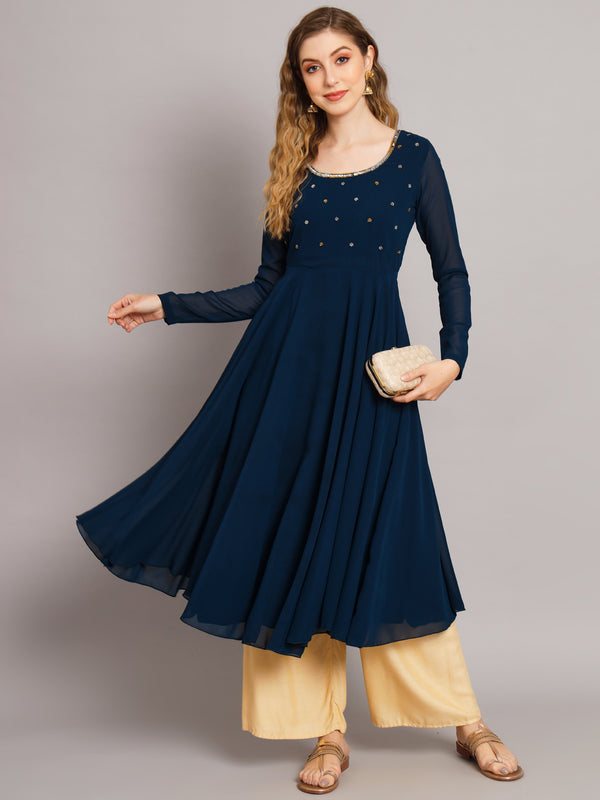 Poshak Hub Women Blue Ethnic Motifs Hand Embroidery Georgette Anarkali Kurta
