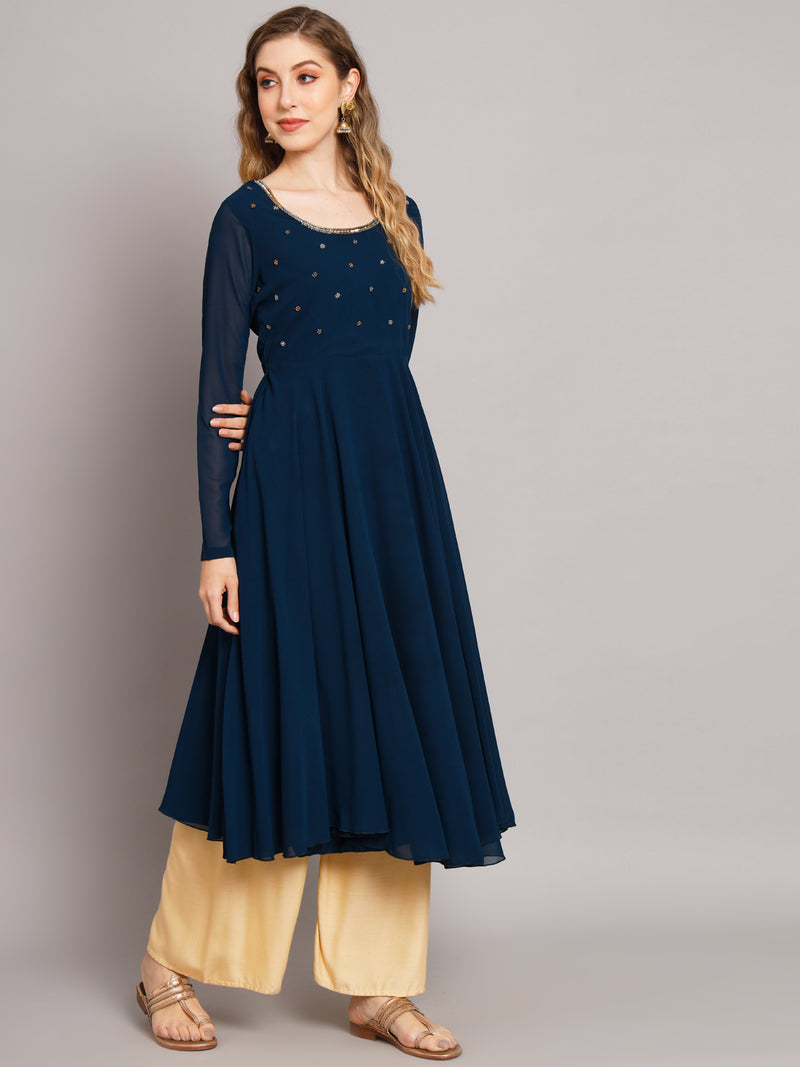 Poshak Hub Women Blue Ethnic Motifs Hand Embroidery Georgette Anarkali Kurta