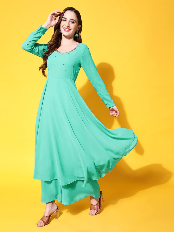 Poshak Hub Women Blue Ethnic Motifs Hand Embroidery Georgette Anarkali Kurta