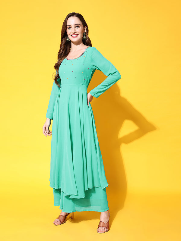 Poshak Hub Women Blue Ethnic Motifs Hand Embroidery Georgette Anarkali Kurta