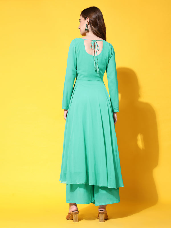 Poshak Hub Women Blue Ethnic Motifs Hand Embroidery Georgette Anarkali Kurta