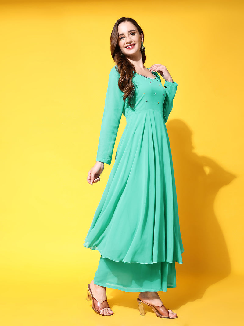 Poshak Hub Women Blue Ethnic Motifs Hand Embroidery Georgette Anarkali Kurta