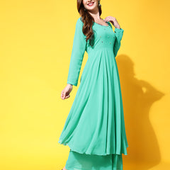 Poshak Hub Women Blue Ethnic Motifs Hand Embroidery Georgette Anarkali Kurta