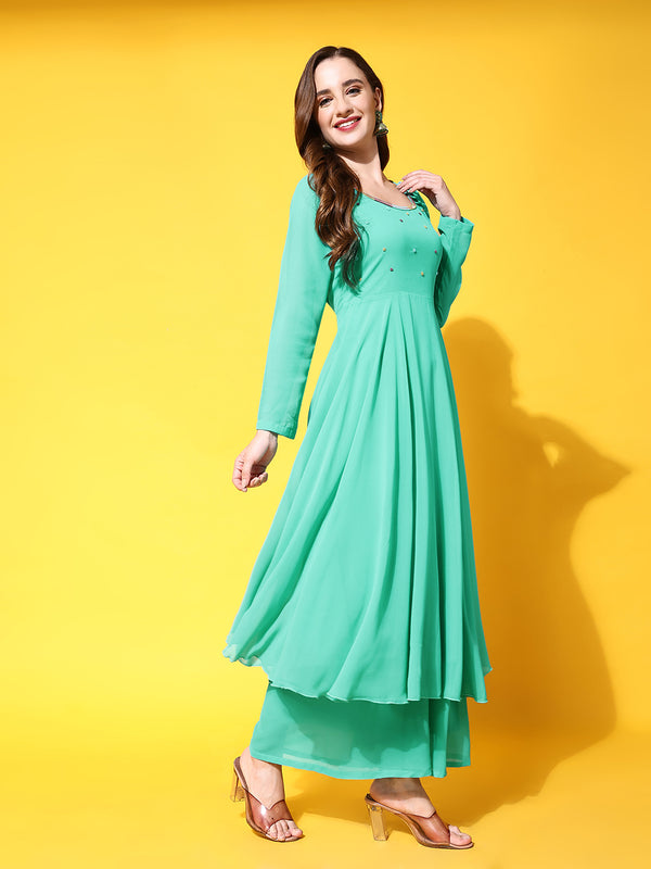 Poshak Hub Women Blue Ethnic Motifs Hand Embroidery Georgette Anarkali Kurta