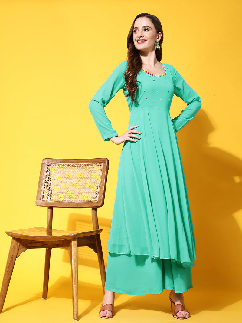 Poshak Hub Women Blue Ethnic Motifs Hand Embroidery Georgette Anarkali Kurta