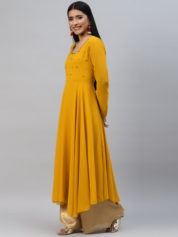 Poshak Hub Women Blue Ethnic Motifs Hand Embroidery Georgette Anarkali Kurta