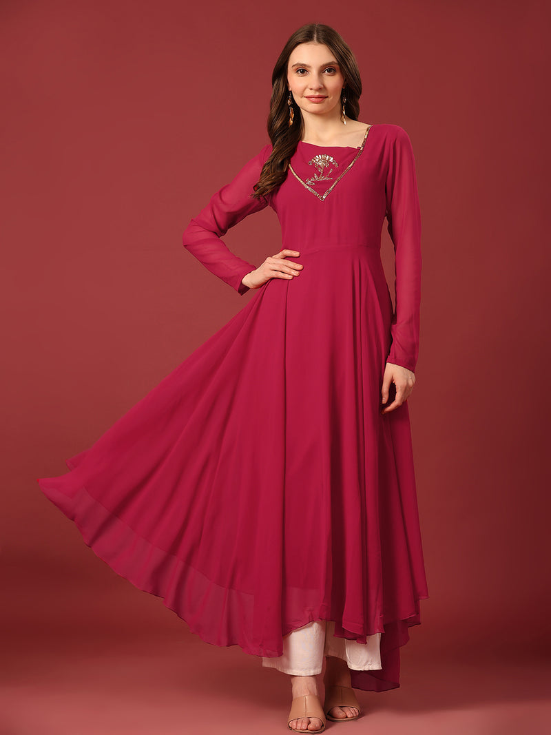 Poshak Hub Women Pink Ethnic Motifs Hand Embroidery Georgette Anarkali Kurta