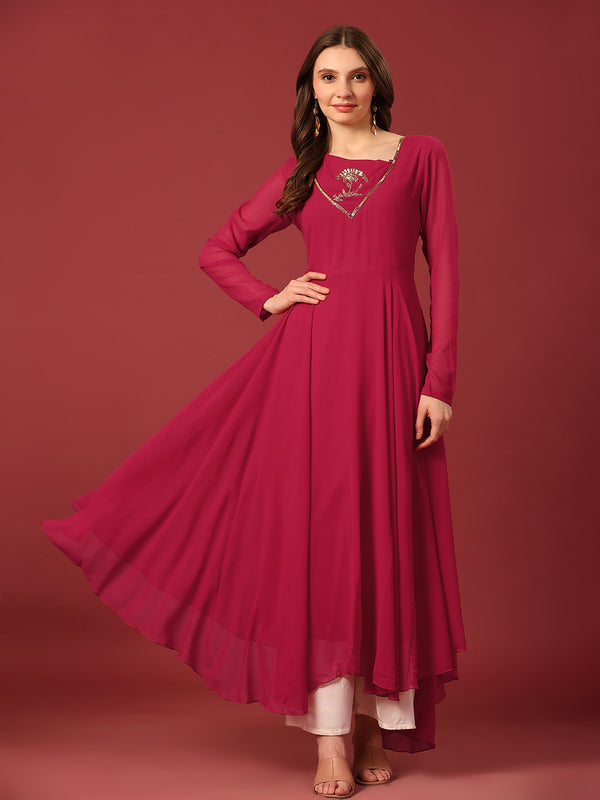 Poshak Hub Women Pink Ethnic Motifs Hand Embroidery Georgette Anarkali Kurta