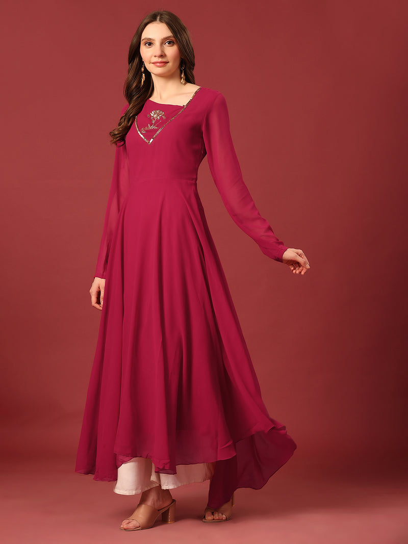 Poshak Hub Women Pink Ethnic Motifs Hand Embroidery Georgette Anarkali Kurta