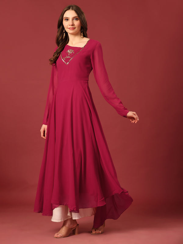 Poshak Hub Women Pink Ethnic Motifs Hand Embroidery Georgette Anarkali Kurta